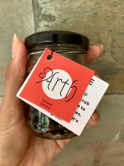 My 'Fine By Me' coffee scrub, tagged and ready for a customer. It's a fantastic exfoliator for both face and body, helping to remove dead skin cells and improve circulation.