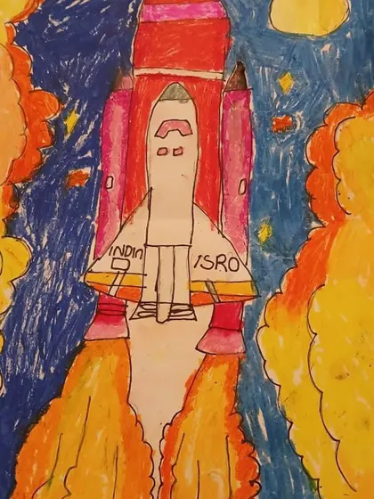 Inspired by India's space program, this drawing of an ISRO rocket launch connects art with current events and national pride, showing that art can be timely and relevant.