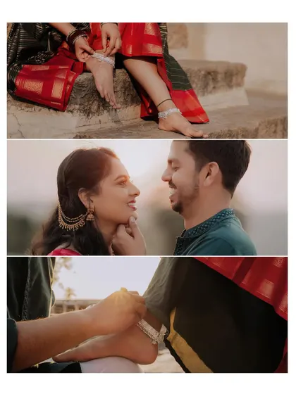 A three-panel collage focusing on the details of the anklets and an intimate facial expression, telling a small story.