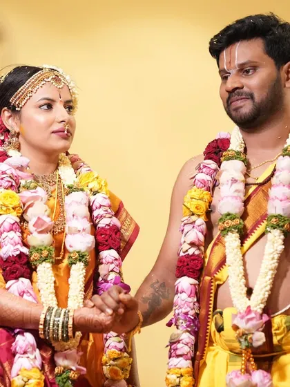 Bride Yashwini and her groom Bhargav. I always aim for a bridal look that feels authentic and allows the bride's happiness to shine through, creating a beautiful memory for the couple.