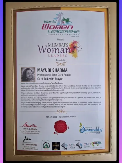 The full view of my award for being one of Mumbai's Woman Leaders. This recognition from the Dr R. L. Bhatia Foundation celebrates leadership that brings about social change, and I am proud to do that through my work.