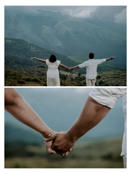 A collage combining a wide shot of the couple overlooking the mountains with a close-up of them holding hands.