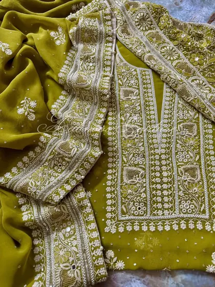 A close-up of the kurta, showing the combination of Chikankari and subtle embellishments.