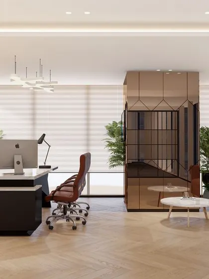 Another concept for an executive office, this time with a bold geometric pattern on the feature wall. This render shows how we use bespoke details and high-end finishes to create a unique and luxurious workspace.