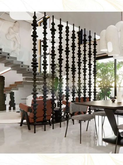 The dining and living areas are visually connected, with the wooden bead screen providing a permeable and artistic separation.