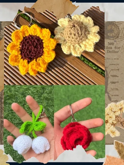 A collage showcasing some of our most popular keychain designs: sunflowers, cherries, and a rose.