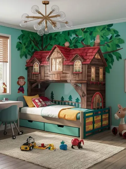 Another look at the enchanting treehouse loft bed. The attention to detail in the design makes it a standout feature in any kid's bedroom.
