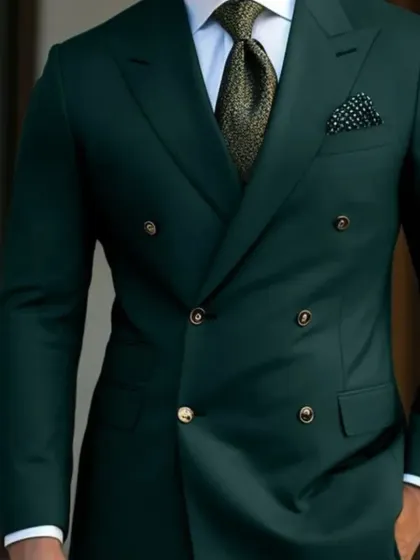 A classic double-breasted suit in a deep bottle green. This is a very sophisticated and powerful color choice for a man who wants to stand out.