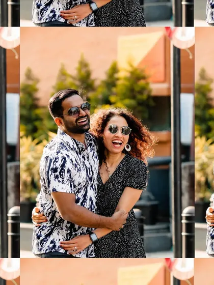 A repeating pattern collage of a joyful, candid moment from the couple's urban shoot.