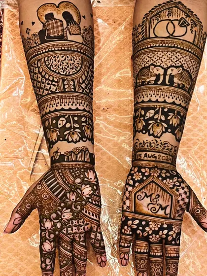 A beautiful bridal design that tells a story. It includes a couple portrait, engagement rings, elephants, and the wedding date, capturing all the important elements of their journey.