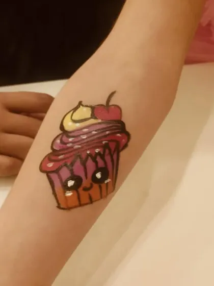 A cute cupcake tattoo, another popular choice among the kids. We have a wide portfolio of designs for them to choose from.