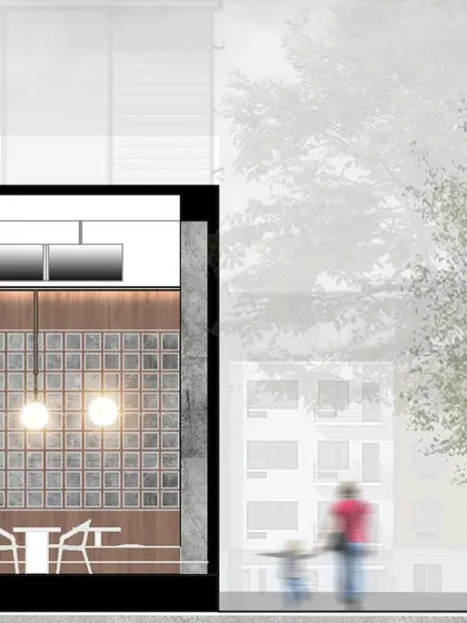This section drawing connects the interior of CHAMPON to its urban context. It helps us visualize how the restaurant feels from the street, blending the indoor experience with the outside world.