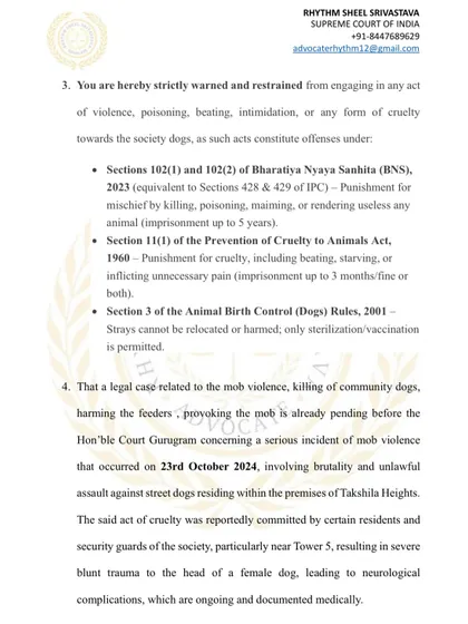 Page 2 of the legal notice, citing specific laws that the addressee would violate. This includes the Bharatiya Nyaya Sanhita (BNS), the Prevention of Cruelty to Animals Act, and the Animal Birth Control (Dogs) Rules, 2001.