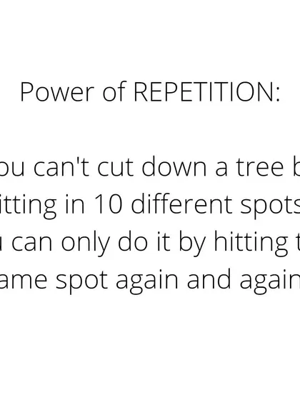 The power of repetition is everything. You can't cut down a tree by hitting it in ten different spots. You have to hit the same spot again and again.