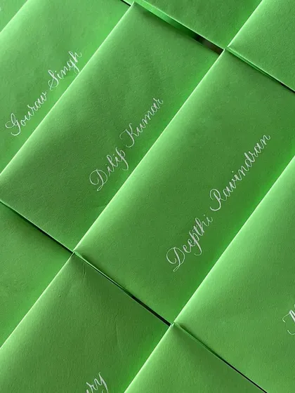 A closer look at the beautiful, classic celebration cards for Sequoia. The green envelopes were hand-addressed in white ink to perfectly match the brand's colors and create a cohesive look.