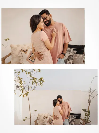 A collage of a couple in matching outfits during a relaxed pre-wedding shoot.
