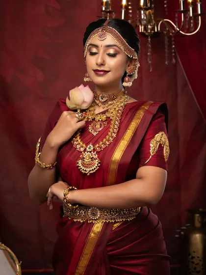 A close-up capturing the bride's serene expression and the flawless makeup application, focusing on the rich lip color and defined eyes.