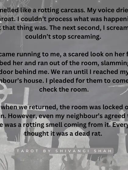 A mother's story of playing hide and seek with her daughter and encountering a large, inhuman shadow in a locked room.