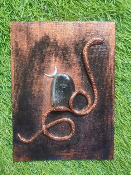 A 3D mural painting of a Shivalingam with a serpent, created on canvas. The copper and black tones give it an antique, rustic feel.