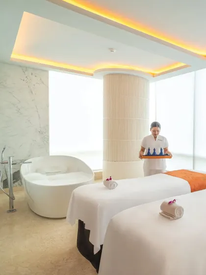 A shot from the Four Seasons Mumbai spa campaign. The clean, serene environment called for makeup that was practically invisible, focusing purely on healthy, calm-looking skin.
