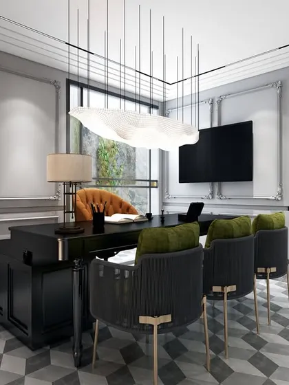 This angle highlights the classic wall paneling and a second, ornate door within the chamber. The design meticulously blends modern needs with classic architectural details.