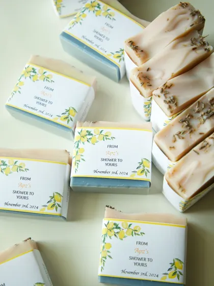 A mix of the two soap styles created for the Amalfi-themed bridal shower, showing the complete set.
