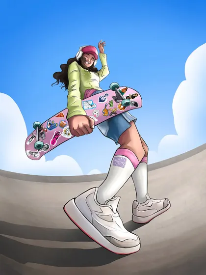 Another version of my skater girl OC. For this one, I designed a different skateboard with a sticker-bombed deck, showing how I can customize details to fit a character's personality.
