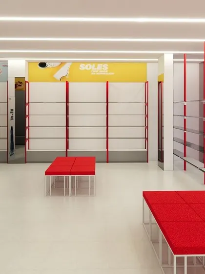 A 3D render of the Paragon showroom, used to plan the layout and branding elements before execution.