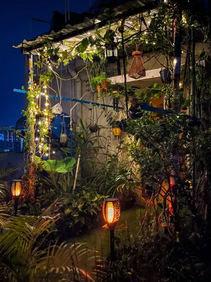 The garden's personality changes after sunset. I love using sustainable garden solutions like these solar-powered torch lights to add a warm, flickering ambiance that makes the evenings feel truly special.