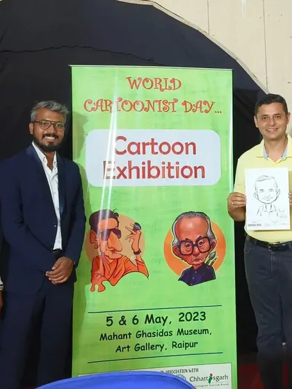 A group photo from the Cartoon Exhibition organized for World Cartoonist Day in Raipur. It was a fantastic two-day event filled with workshops and art, and it was great to stand alongside esteemed guests and fellow artists.
