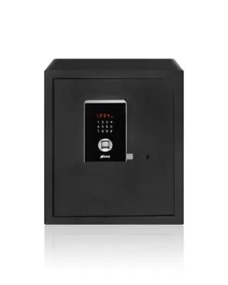 A studio product shot of the Safilo Bio-1 biometric safe, showing its sleek black finish and touch screen panel.