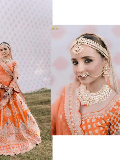 A collage showcasing the bride's fun and dramatic personality. Her orange lehenga is vibrant, and the poses are full of confidence and style.