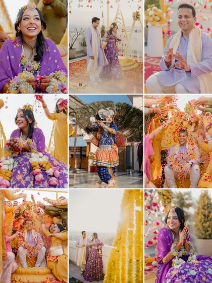 A grid of vibrant moments from a beautiful haldi in Dehradun. It includes portraits of the bride and groom, the Radha-Krishna performance, and the joyous 'phoolon ki haldi', telling the full story of the day.