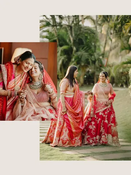 A collage of the bride sharing happy and emotional moments with her mother and sister before the wedding.