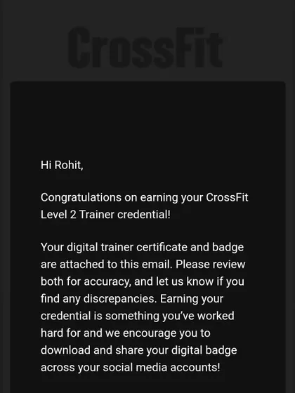 The official email congratulating me on earning my CrossFit Level 2 credential. This was a proud moment and something I worked very hard to achieve.