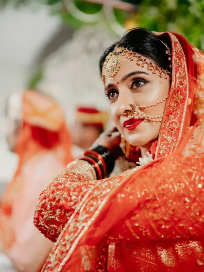 Another look at the bridal matha patti and nose ring combination I chose for my ceremony. These are available for you to rent and try on.