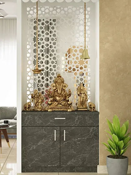 An identical view of the modern pooja unit, highlighting how it can be integrated into a living or dining area as a beautiful and spiritual focal point.