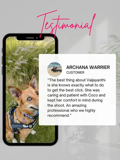 A client testimonial praising my professionalism and patience with their dog Coco during the shoot.
