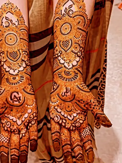 Even simpler designs can be personalized. This elegant mehendi for a non-bridal occasion includes initials hidden within the traditional patterns on the palm.