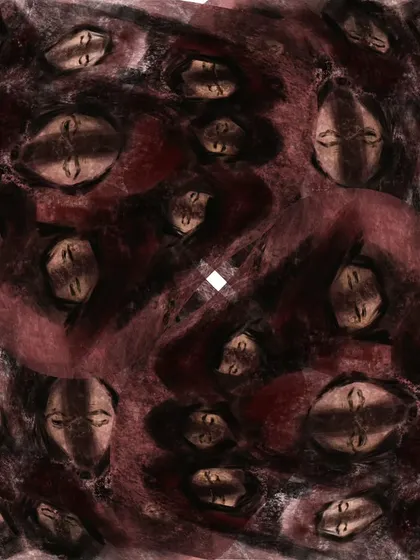 Titled "Gazan," this piece reflects on the countless lives affected by the violence. Each face represents a story, a person, a universe lost.