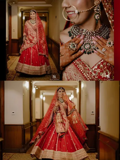 A collage of full-length and detail shots of the bride's magnificent red lehenga.