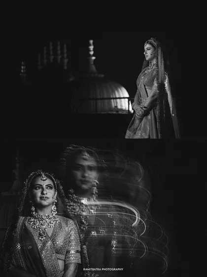 A creative black and white collage using slow-shutter techniques to capture the motion and emotion around the bride.