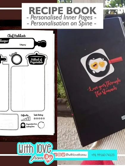 Another look at the highly functional layout of my custom recipe journals. Notice the structured format to capture every detail, from prep time to secret family tips, alongside a peek at the personalized back cover.