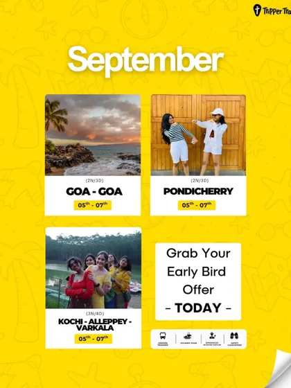 Don't miss the early bird offer for our September girls' trips to Goa, Pondicherry, and Kerala. Book today and get ready for an unforgettable escape.
