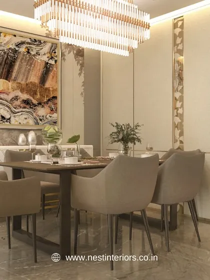This 3D render for a dining area showcases a luxurious design with a statement chandelier, wall paneling with metal inlays, and comfortable upholstered chairs.