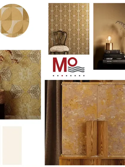 Another look at our earthy yellow and brown moodboard, showcasing how wallpapers with geometric and traditional patterns can complement this warm and inviting color scheme.