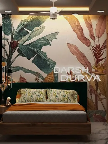 A bedroom concept with a vibrant, tropical wallpaper and wooden furniture.