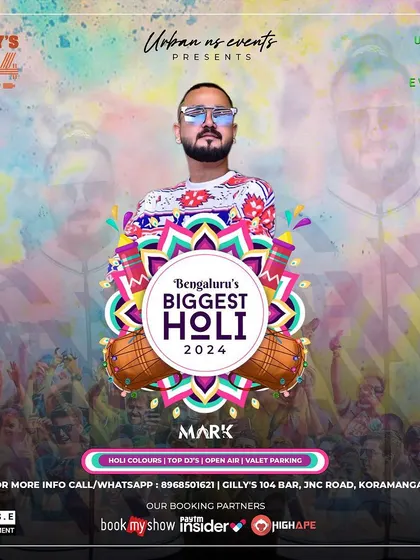 Poster for Bengaluru's Biggest Holi 2024 at Gillys 104, an open-air color festival.