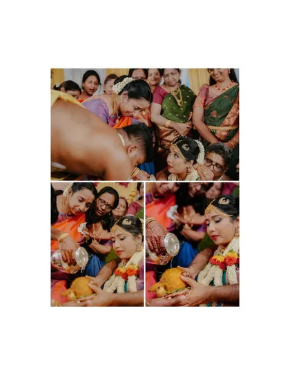 A collage of the rituals involving the bride and her family during an Iyengar wedding, highlighting the importance of family blessings.
