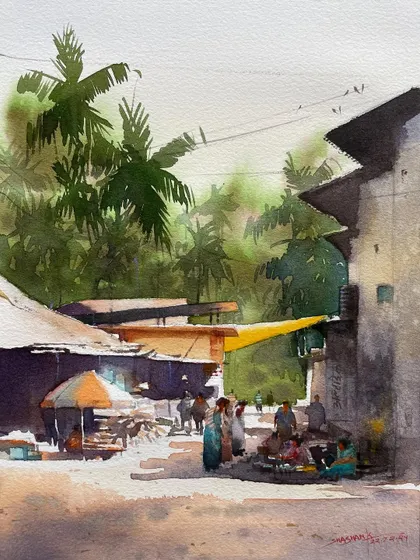 A watercolor painting capturing a sunlit village street, with figures adding life to the scene. The focus was on creating a strong sense of light and shadow.